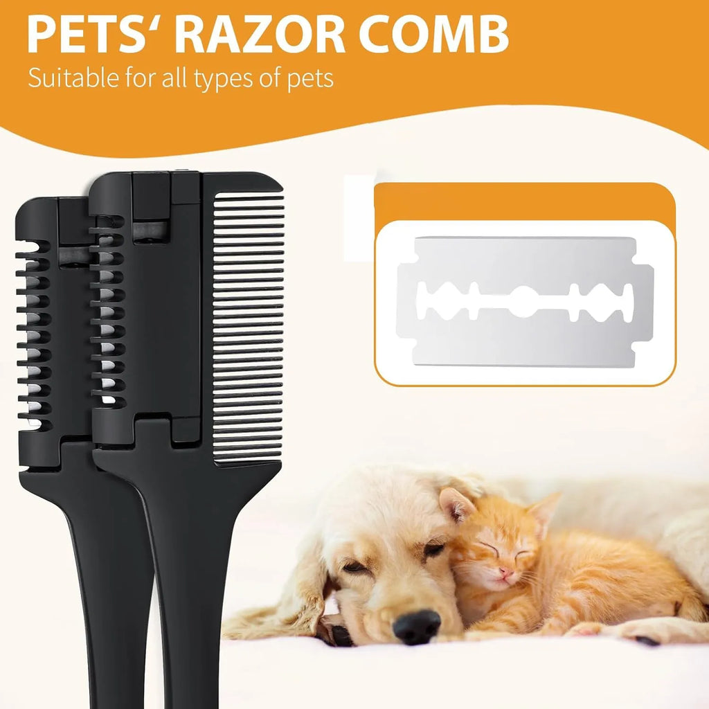 Pet razor comb for dogs and cats with built-in trimming blade and spare blades.