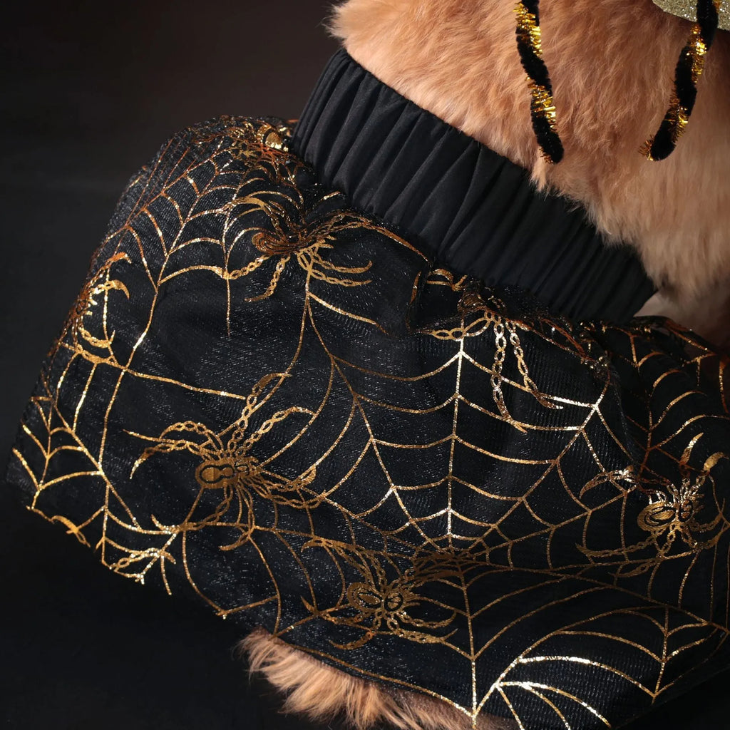 A dog wearing a colourful polyester Halloween suit costume, shown in size S, M, L, or XL.