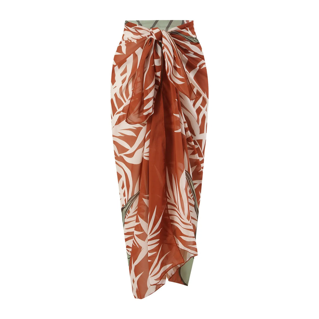 Brown high-waist push-up bikini set with chiffon dress cover-up for women