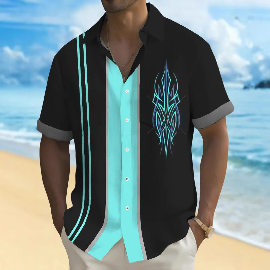 Men's multicolour printed loose fit leisure shirt in polyester fabric with cardigan style front