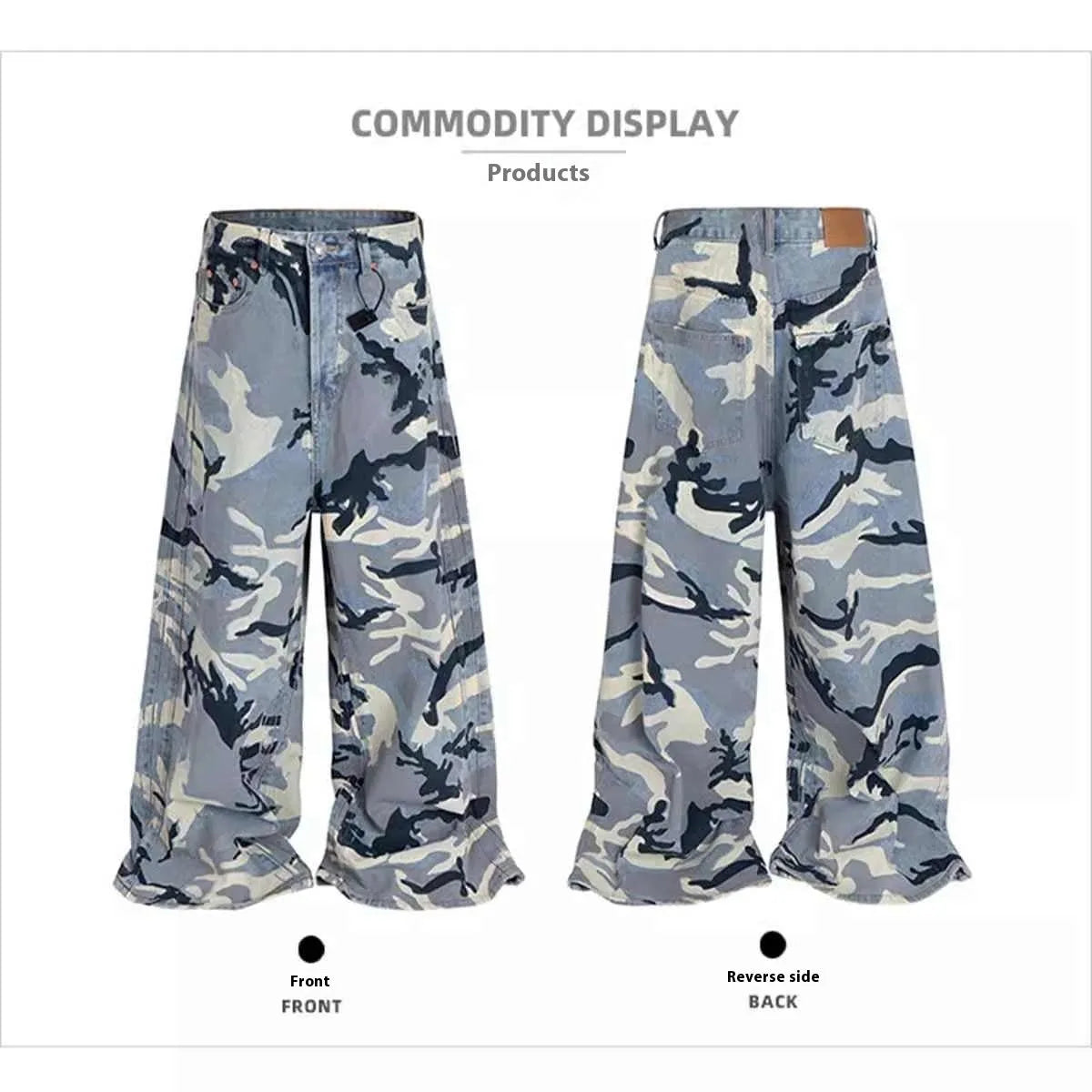 Snow camouflage pattern on blue loose-fit denim jeans with a mid waist.