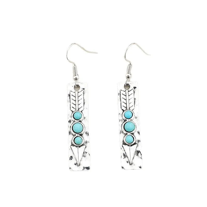 Silver geometric earrings with blue turquoise inlay, retro style zinc alloy women's jewellery