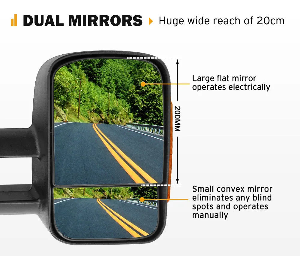 Black electric exterior rear view mirror for Nissan NP300 D23 with integrated indicator light.
