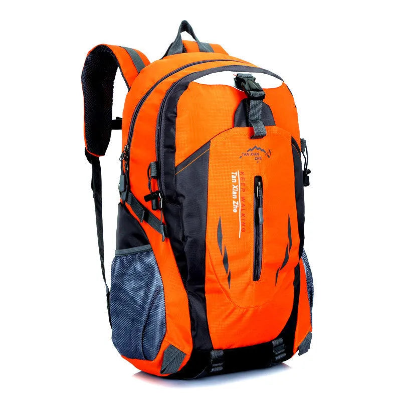 Large green Oxford cloth outdoor backpack with double straps, showing laptop compartment and ID holder.