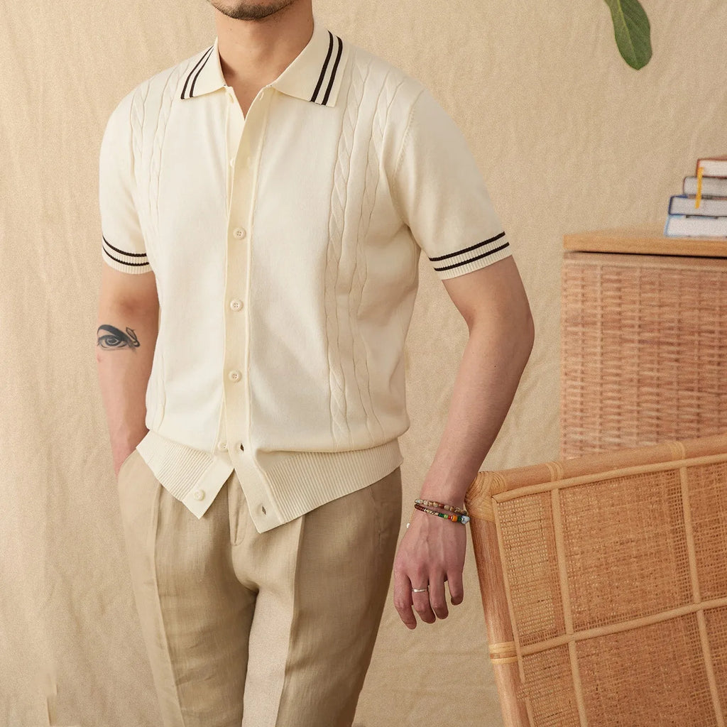 Cotton-blended lapel polo shirt in apricot colour with short sleeves