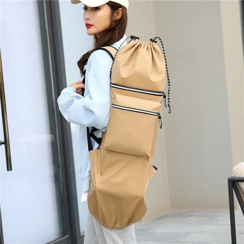Waterproof nylon skateboard backpack in camouflage colours showing equipment compartments