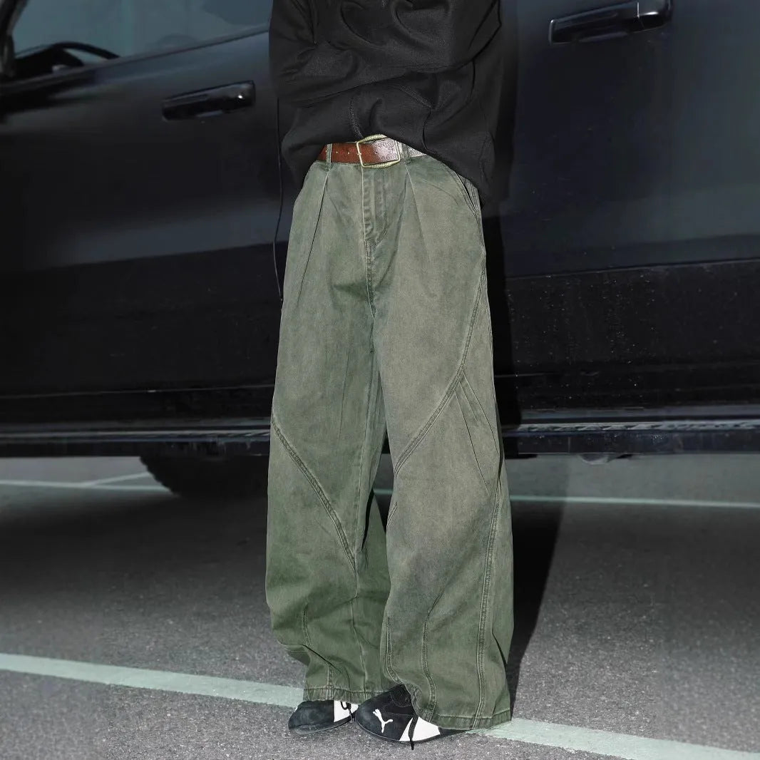 Men's pleated straight leg trousers in apricot colour with stripe pattern and loose fit design