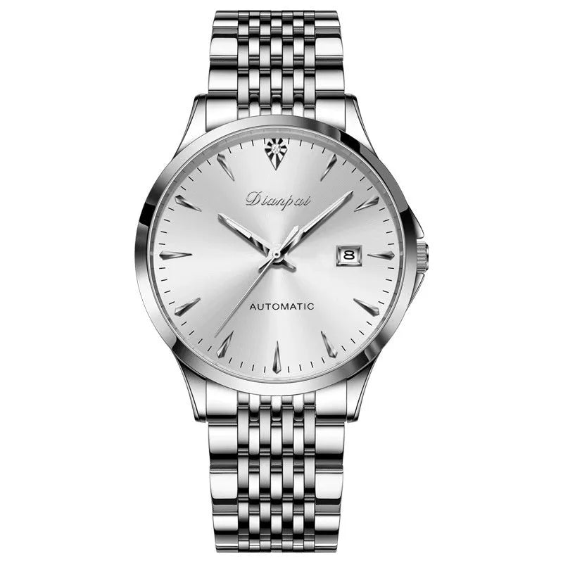 Men's simple dial automatic mechanical watch with stainless steel strap and case.