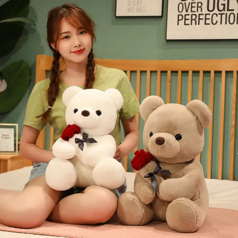 Rose bear plush stuffed animal doll in beige, brown or grey with cartoon design