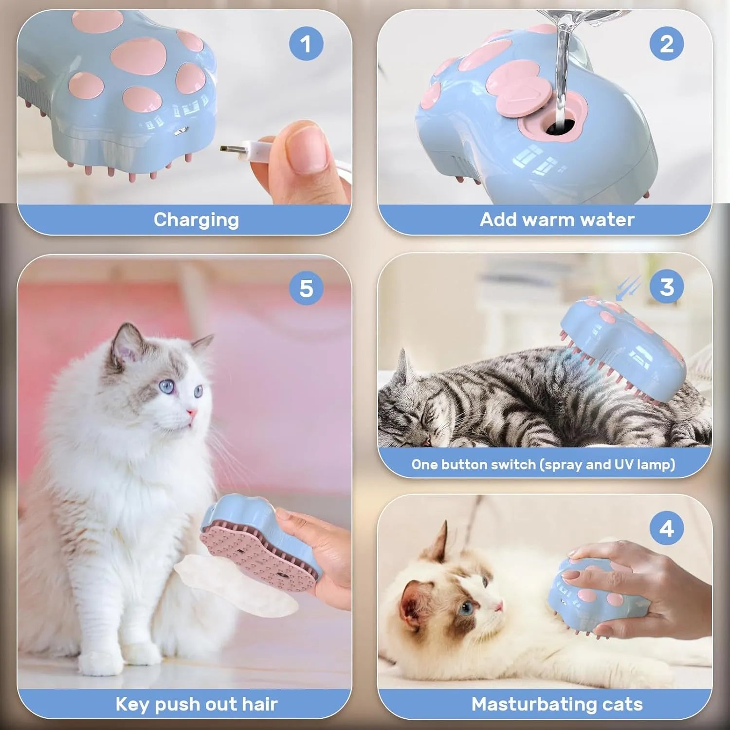 Blue self-cleaning cat steam brush with silicone bristles and a release button for pet grooming.
