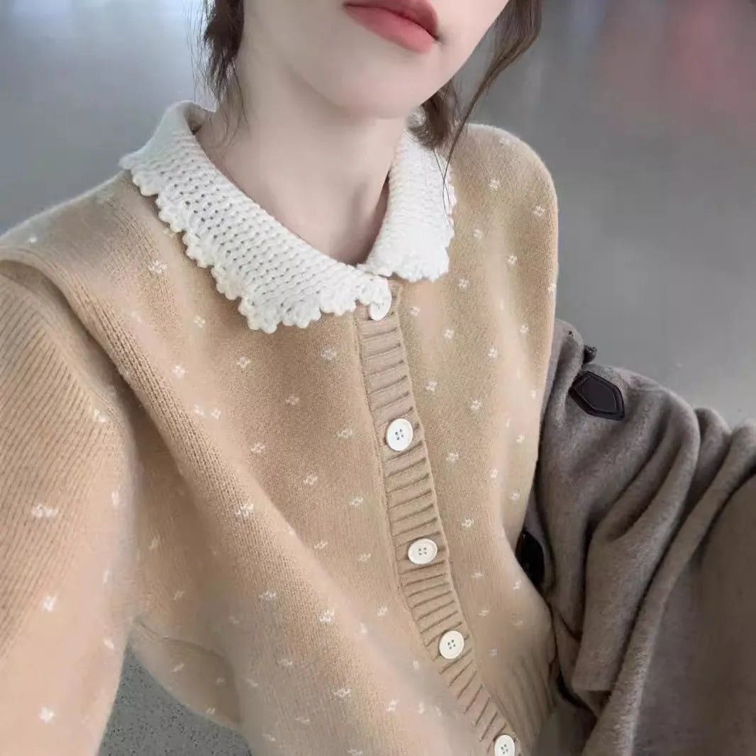 Retro Peter Pan collar floral pattern knitted cardigan coat in navy blue, apricot, grey.