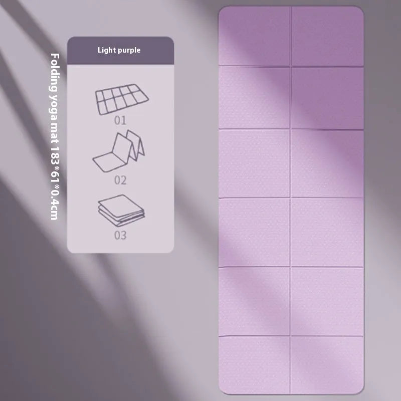 Folded and unfolded purple TPE gymnastic mat showing its six-fold design and non-slip surface texture.