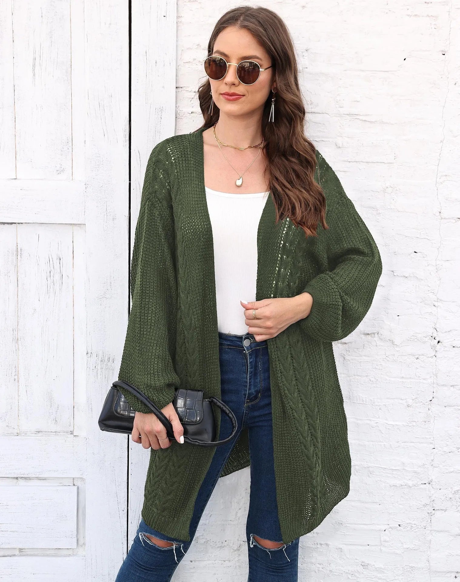 Women's loose-fit acrylic sweater coat cardigan in army green colour
