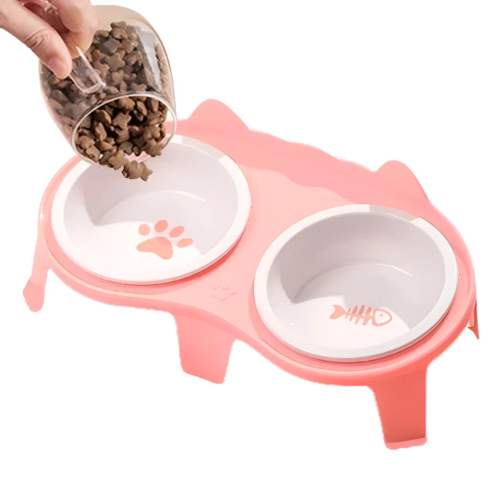 Ceramic cat food and water bowl set with tilted elevated stand in blue colour option