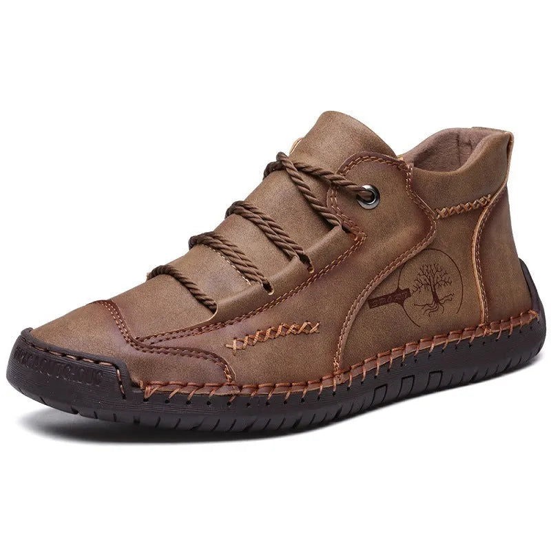 Men's high-top cowhide leather casual work boots round toe flat heel front lace-up solid colour