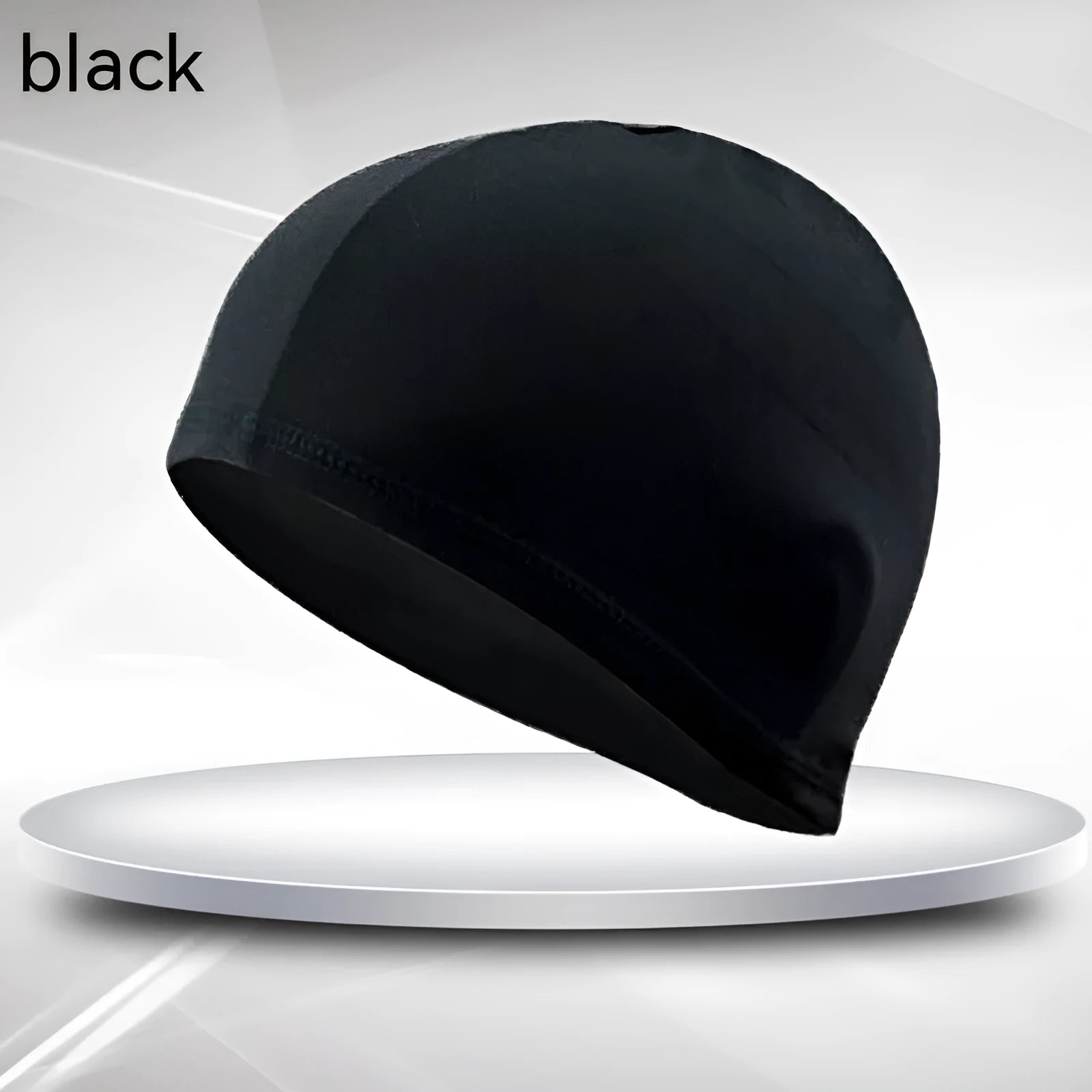 A solid black cloth swim cap for adults made from polyester fabric.