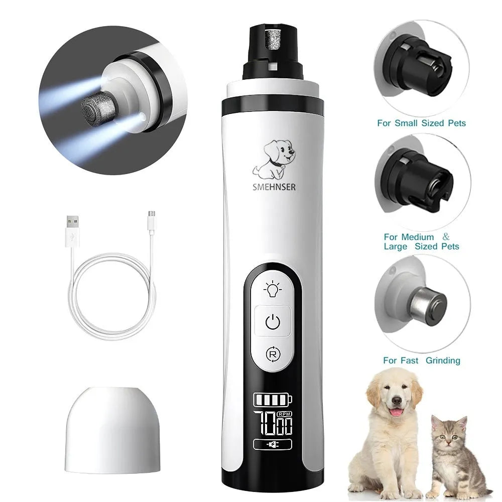 Electric dog nail trimmer with LCD display showing power levels and dust collection system