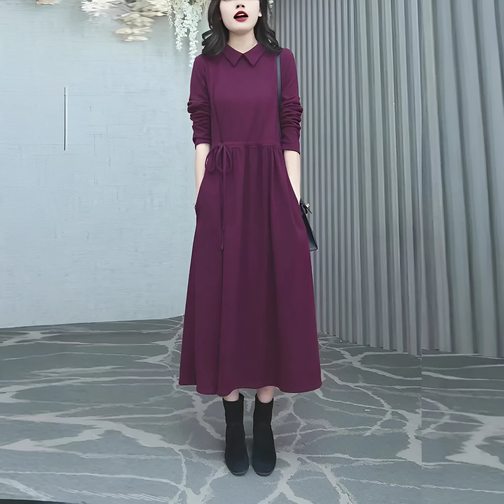 Purplish red plus size women's dress with extra long sleeves and urban style for autumn winter wear