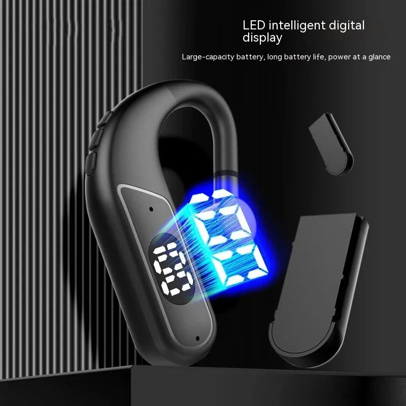 Black digital display ear hook sports headset with dual battery and in-ear fit
