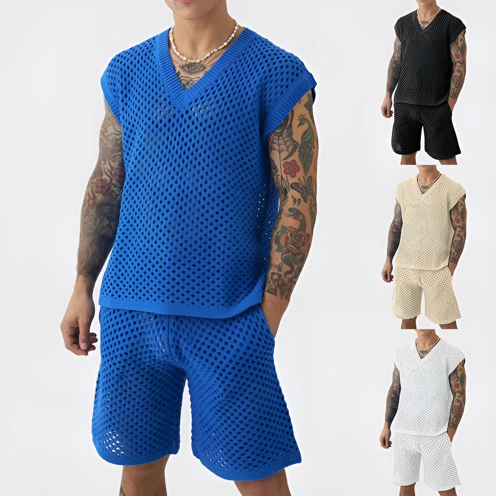 Men's sleeveless V-neck vest and shorts set in blue, black, white or khaki for summer sports