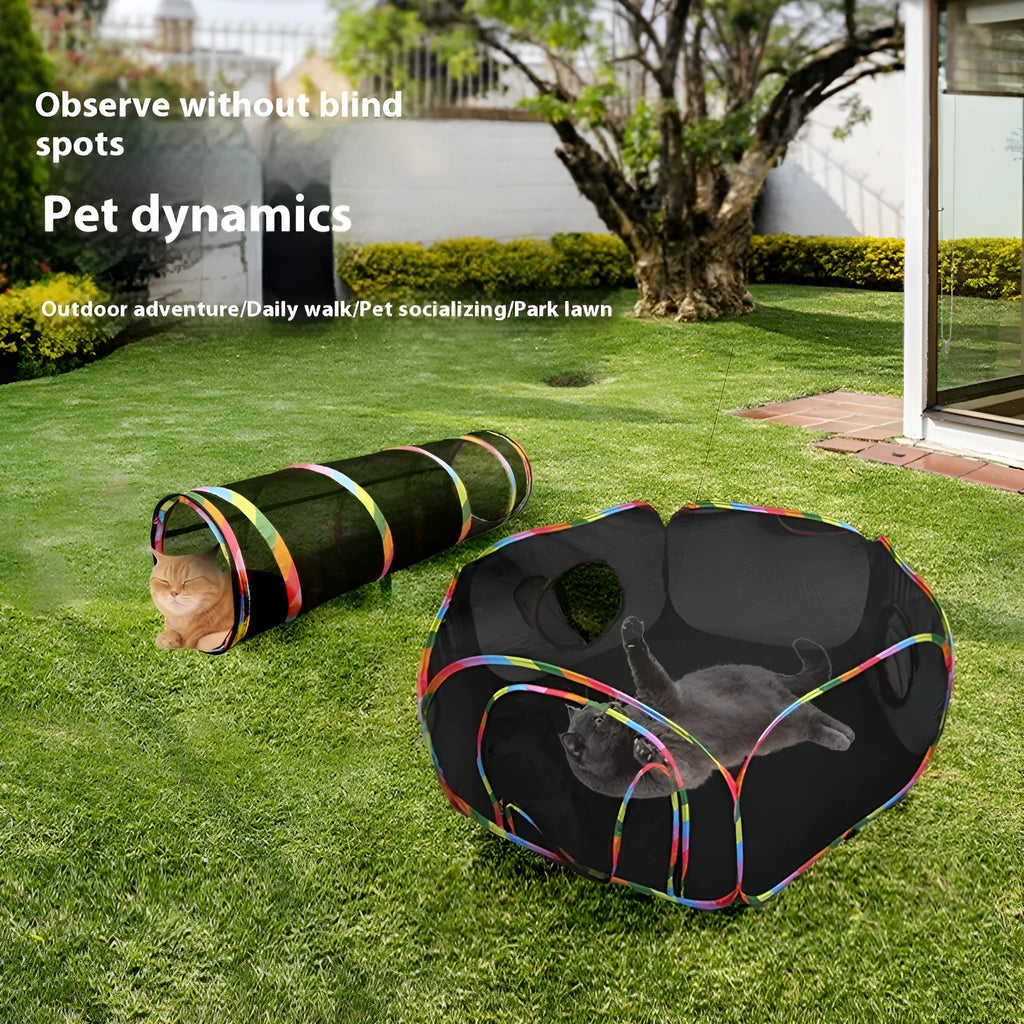 Foldable mesh cat roll cage showing hexagonal, tent and tee shape options for feline play