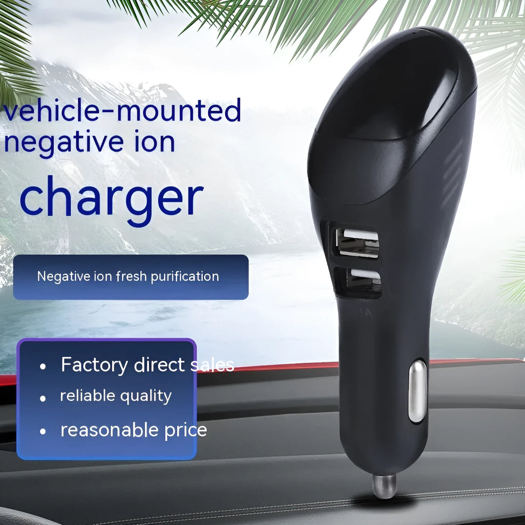 White car USB charger with integrated negative ion purifier showing compact dimensions