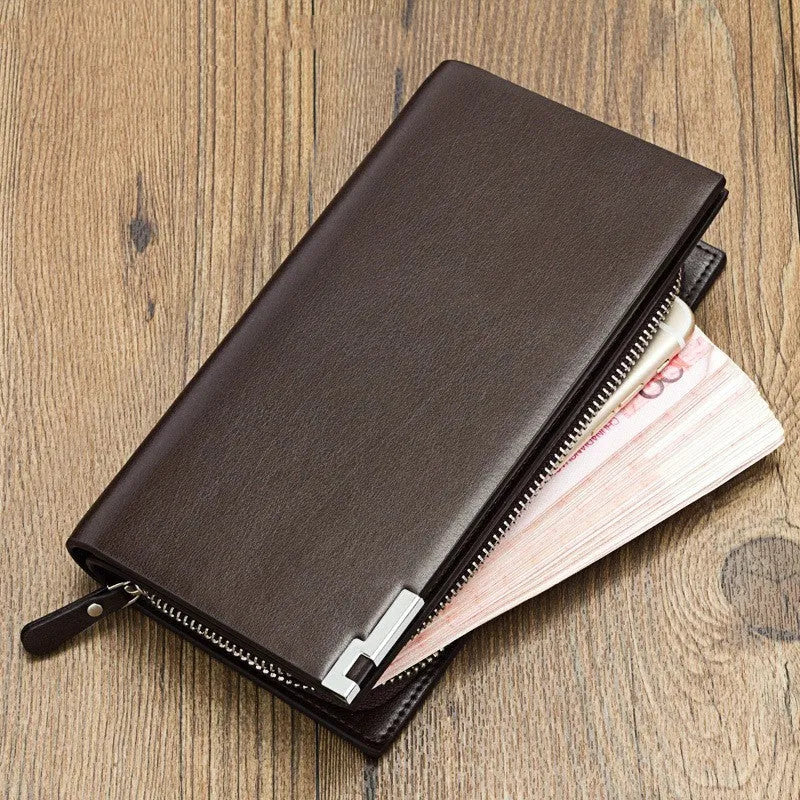 Men's black PU leather wallet with a long silver zipper closure