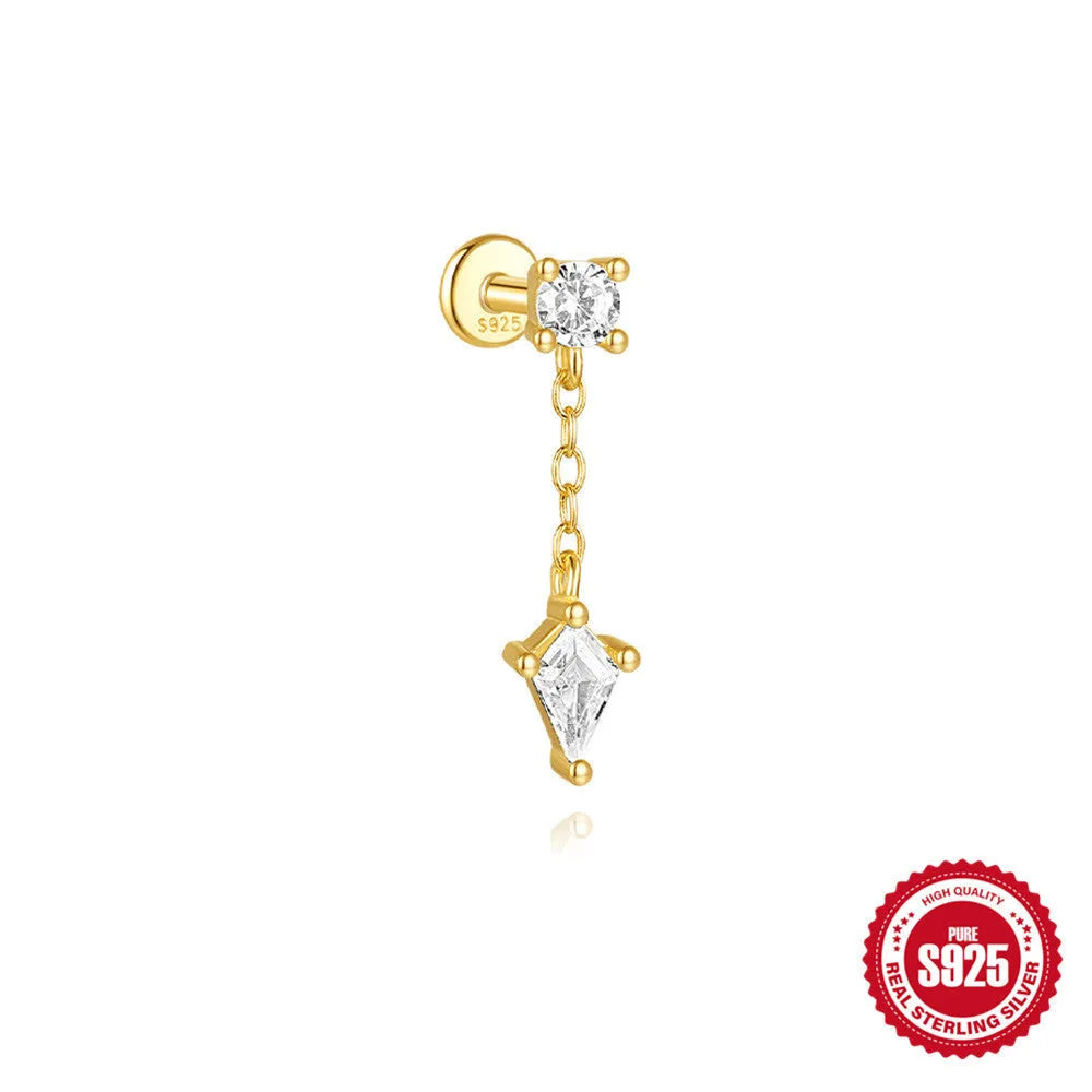 Geometric kite-shaped sterling silver earrings with a gold electroplated chain tassel featuring rhinestones.