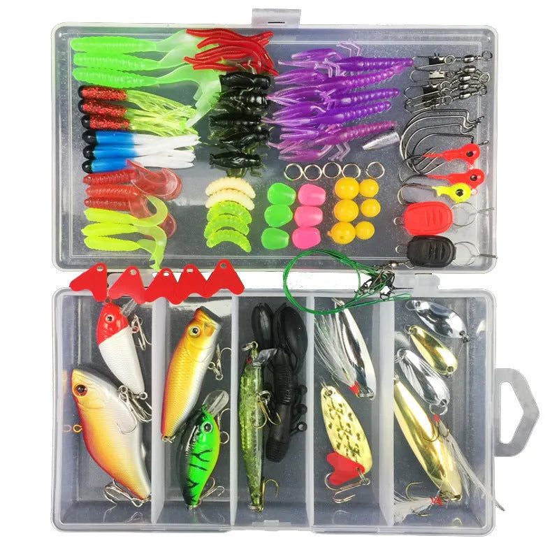 Junior fishing lure suit with PP storage box containing soft plastic baits in 28 to 106 piece size options