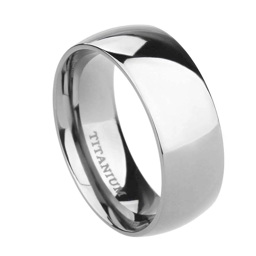 Silver titanium steel band ring shown in three widths: slim 2mm, standard 4mm, and wide 6mm on a plain background.