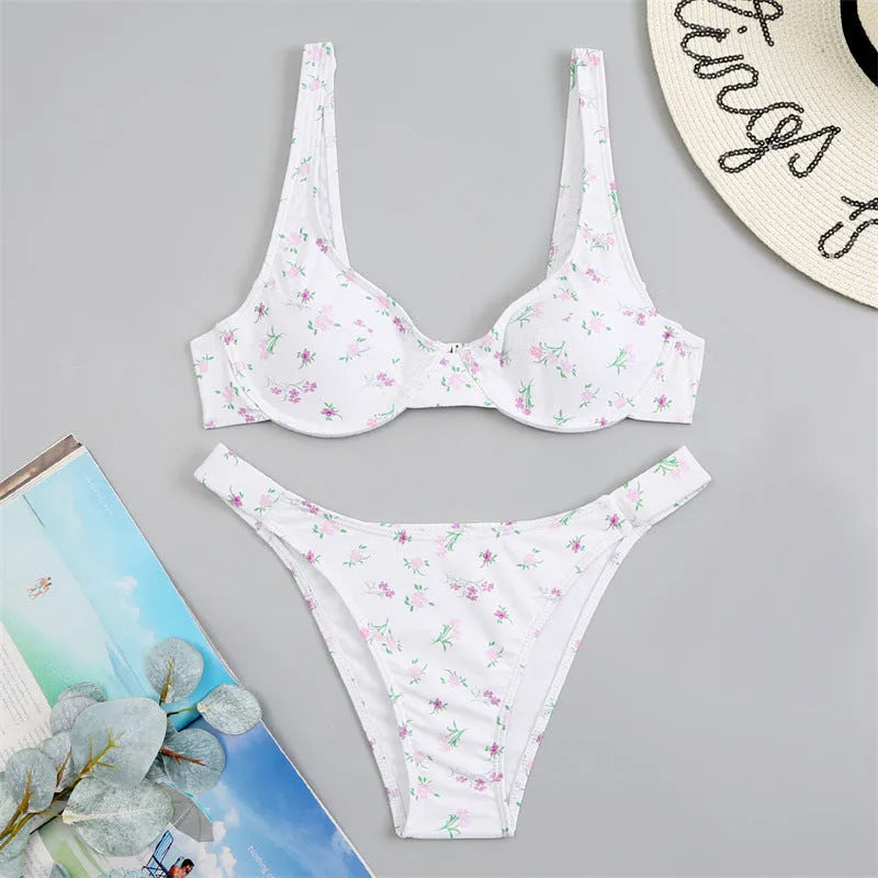 Floral yellow bikini swimsuit with high-waist briefs on white background, women's nylon quick-dry swimwear