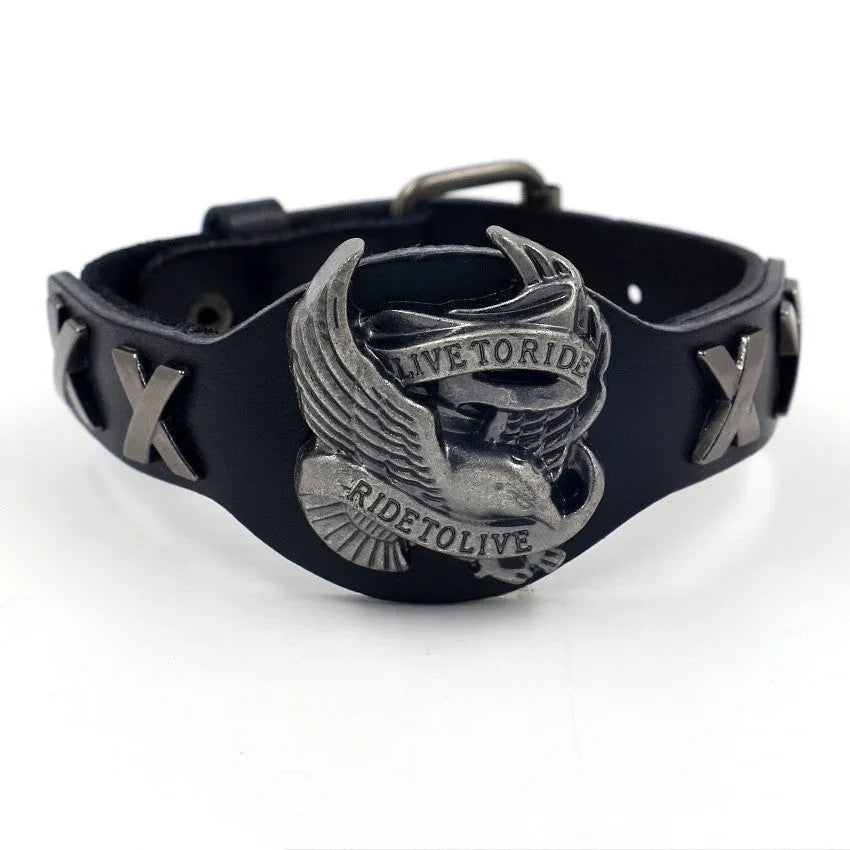 Black leather bracelet with alloy eagle watch-button closure, geometric design, 26cm length