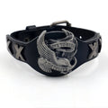 Black leather bracelet with alloy eagle watch-button closure, geometric design, 26cm length