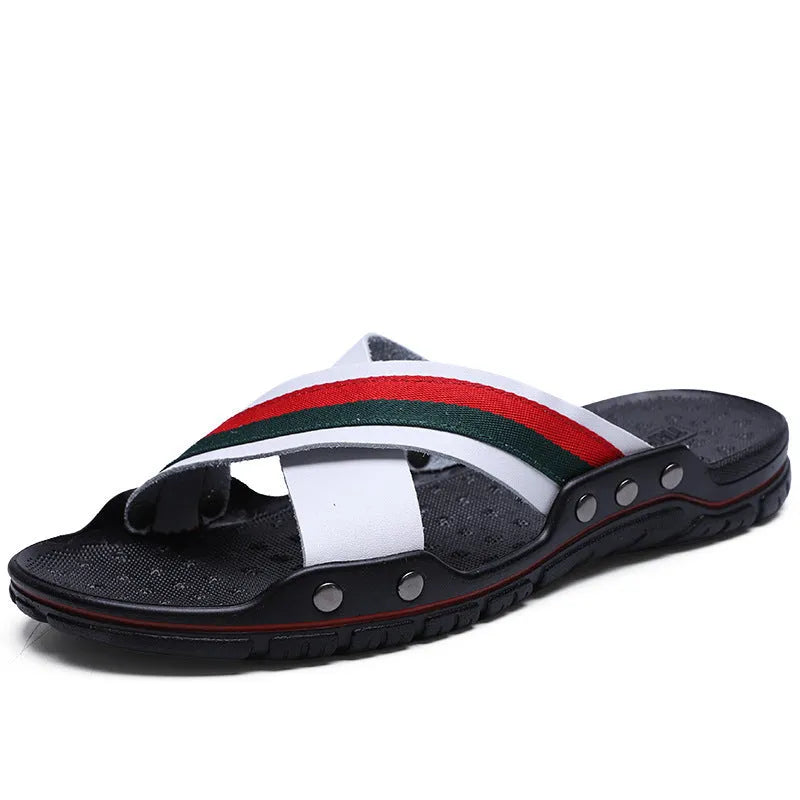 Men's white cowhide leather flip-flop sandals with a PU sole, shown from a side angle.