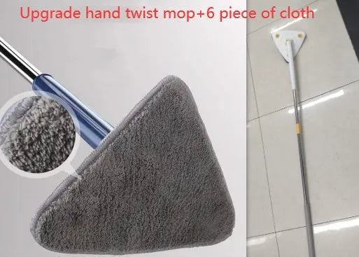 Blue triangle cleaning mop with extendable stainless steel pole and 360-degree rotating head