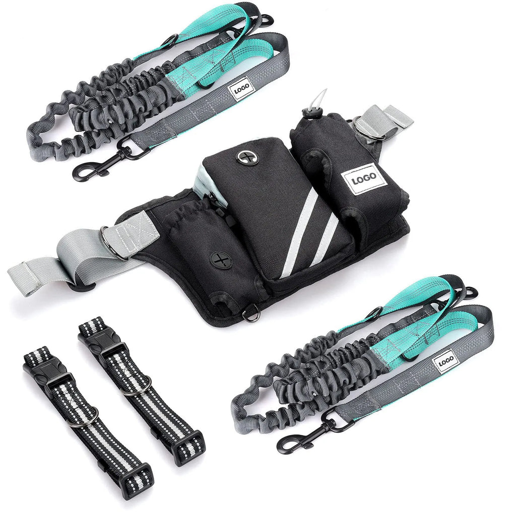 Black nylon outdoor pet training waist bag set with adjustable dog walking leash for hands-free control
