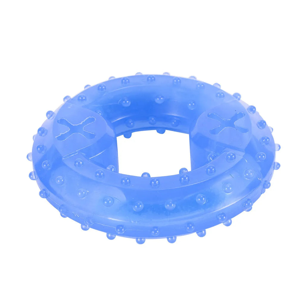 Freezable blue dog chew toy for teething puppies and cooling relief.