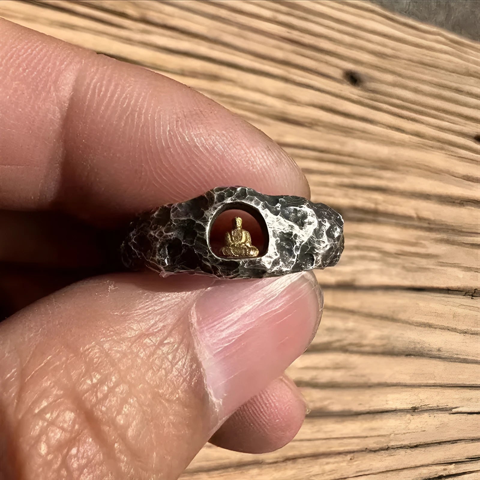Copper grotto Buddha ring with rock texture, hand-forged spiritual jewellery in size 8