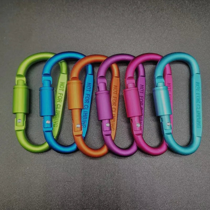 D-type aluminium carabiner with locking mechanism in multiple colour options