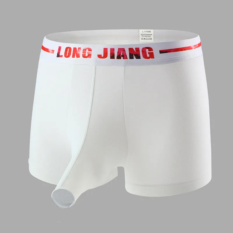 Men's Ice Silk trunk open boxers in grey blue colour, showing thin knitted fabric and mid waist design.