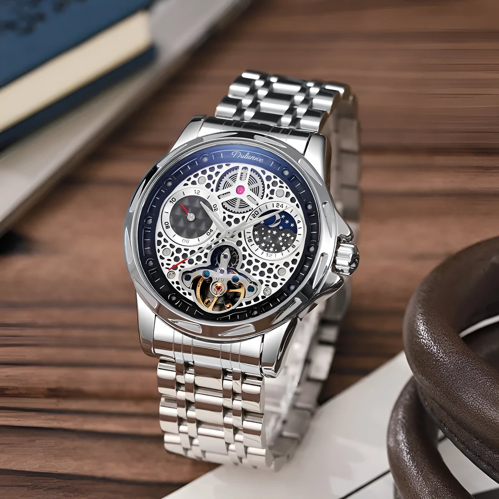 Men's automatic watch with luminous hands in steel case with leather strap option