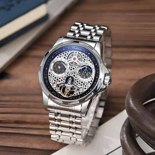 Men's automatic watch with luminous hands in steel case with leather strap option