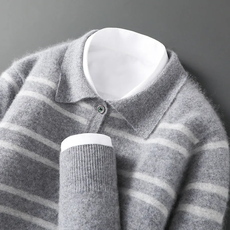 Lapel pure wool striped half button pullover sweater in camel colour on a model