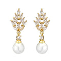 Geometric flower design women's earrings with pearl and micro-inlaid zircon stones in gold plating