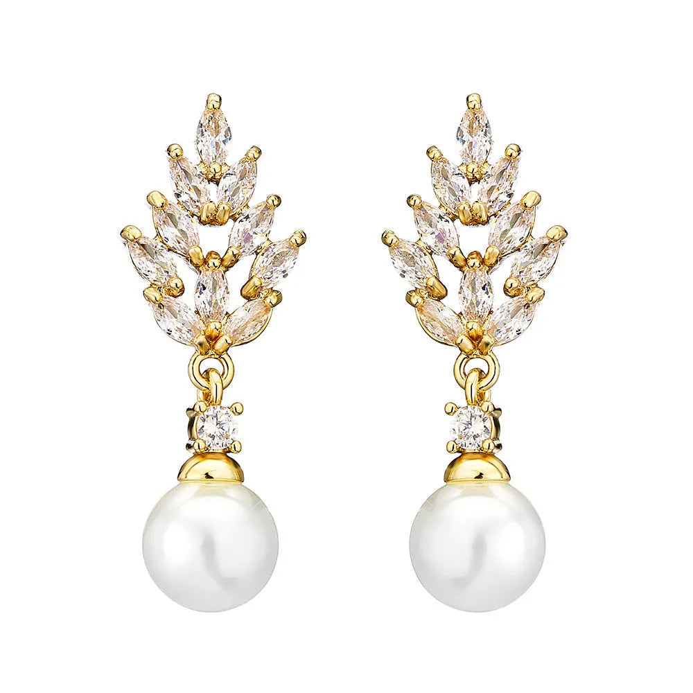 Geometric flower design women's earrings with pearl and micro-inlaid zircon stones in gold plating