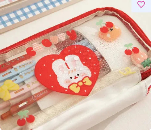 Transparent Japanese pen bag with rabbit design in pink cake or red love colour options