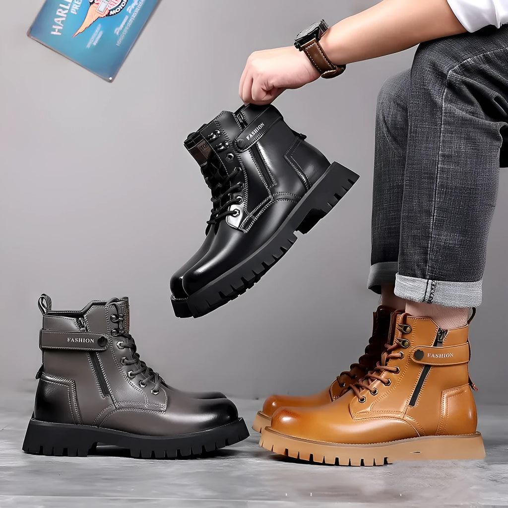 Men's light brown Martin boots with side zipper and thick rubber soles
