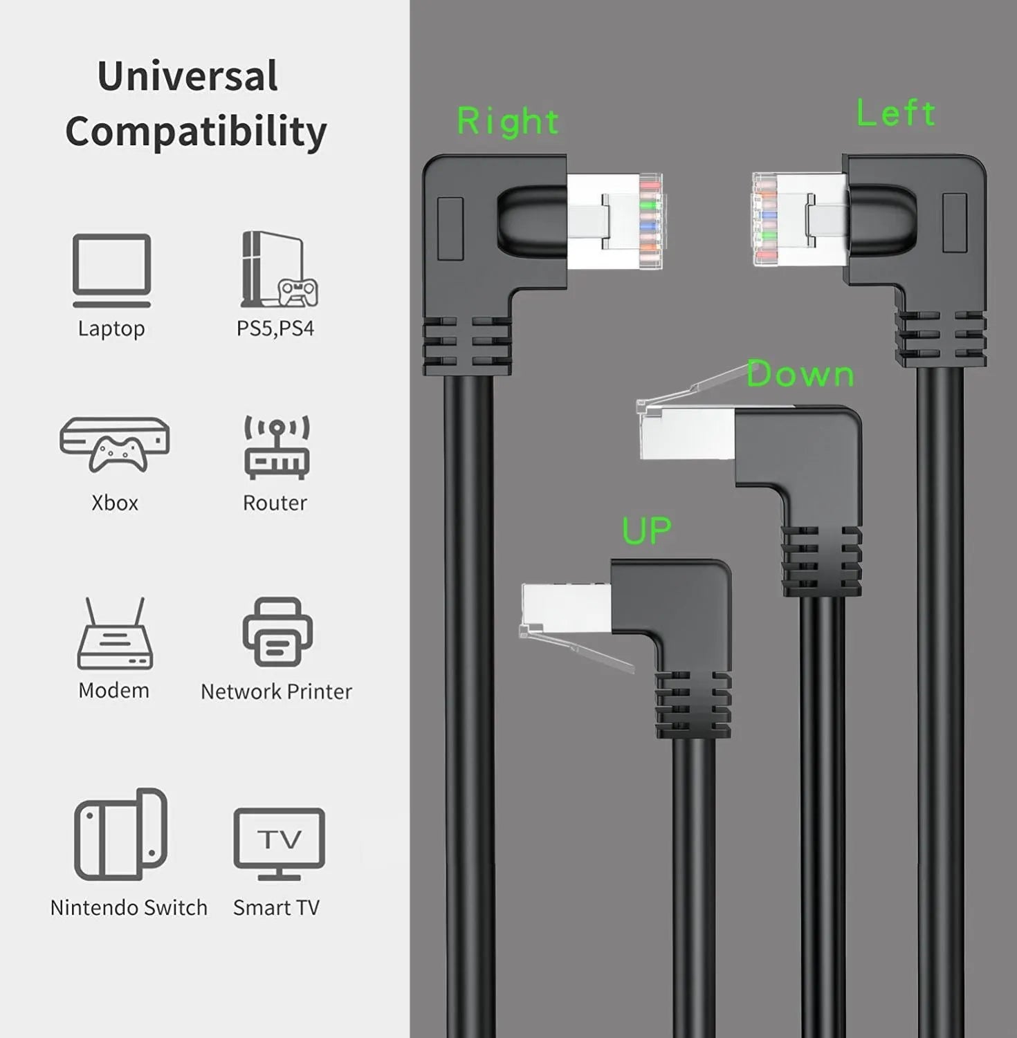 Cat6 Ethernet cable with a black right-angle RJ45 connector, available in multiple colours and lengths.