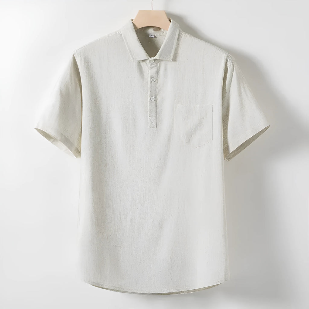 Men's loose fit short sleeve linen blend t-shirt in solid colour with lapels