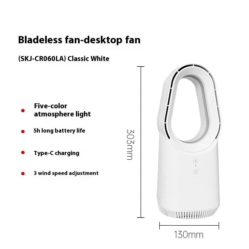 SK white bladeless tower fan with remote control placed on a wooden floor.